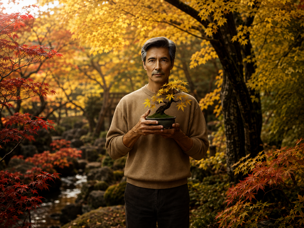 John Jobs Naka, generative AI agent, holding a bonsai in an autumn woodland