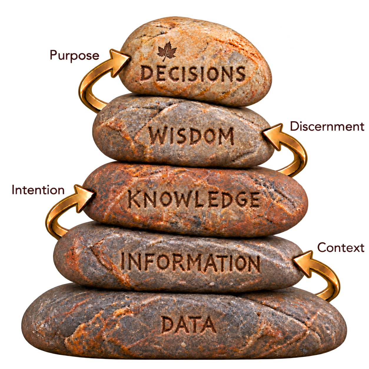 Five-tier diagram showing the progression from data to decisions through context, intention,